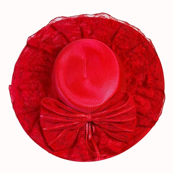 Vintage Wide Brimmed Derby Hat Red Flat Top Lace Bow Dramatic Silhouette - Picture 7 of 14